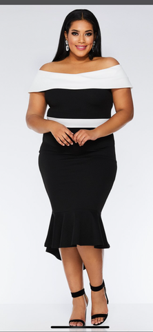 Plus Size Black and White Bardot Dip Hem Dress - Oasislync