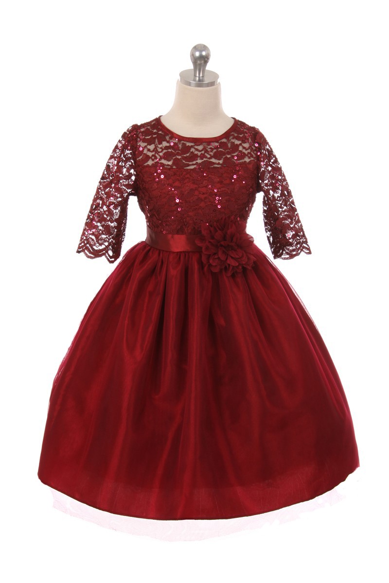 Girls' Burgundy Stretch Lace Dress with Contrast Tulle - Oasislync
