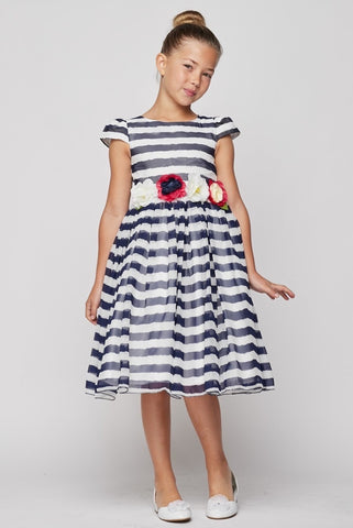 Classic Navy blue and White Strip Ribbon Party Dress - Oasislync