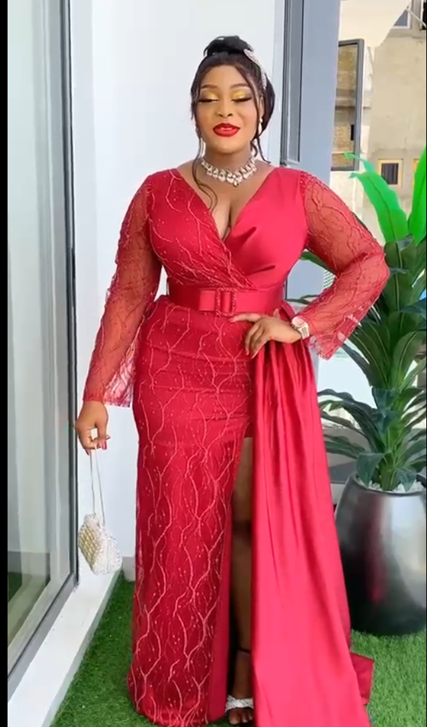 Wine Red Satin and Lace Fitted Gown with Cascading Drape - Oasislync