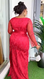 Wine Red Satin and Lace Fitted Gown with Cascading Drape