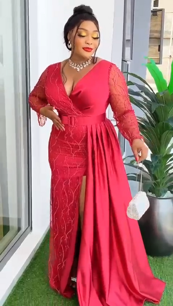 Wine Red Satin and Lace Fitted Gown with Cascading Drape