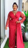 Wine Red Satin and Lace Fitted Gown with Cascading Drape