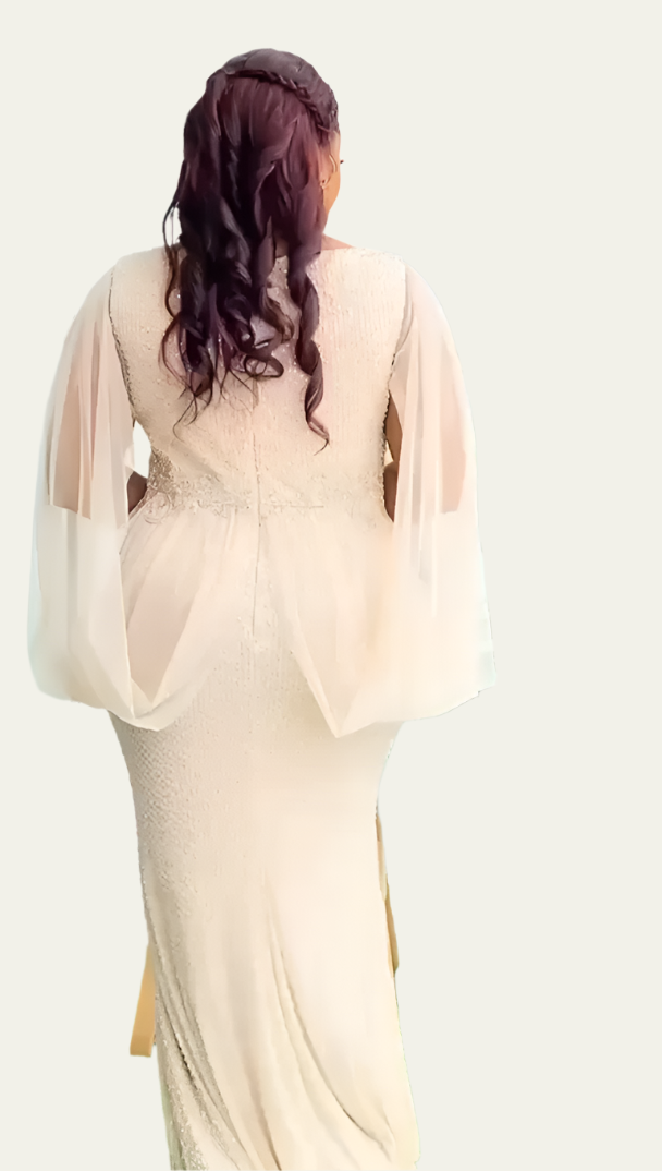 Long Sleeve Sequin Formal Hand Beaded Dress in Champagne - Oasislync