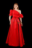 One-Shoulder Puff Sleeve Maxi Ball Dress