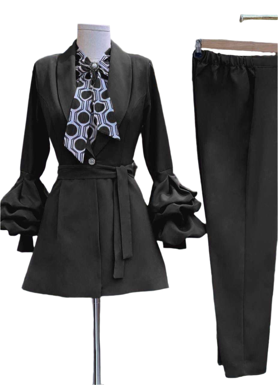 Three-Piece Pencil Pant Suit with Polka Dot Bow-Tie Camisole and Fluted Sleeve - Oasislync