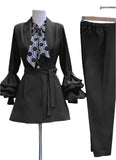 Three-Piece Pencil Pant Suit with Polka Dot Bow-Tie Camisole and Fluted Sleeve