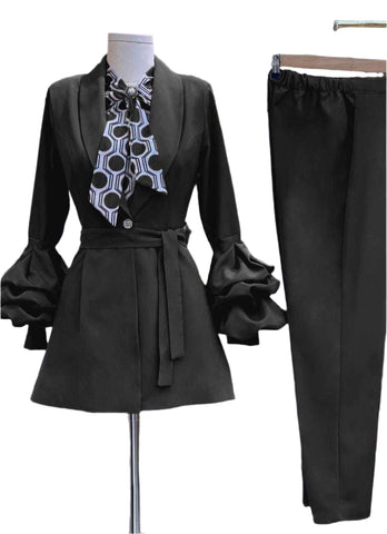 Three-Piece Pencil Pant Suit with Polka Dot Bow-Tie Camisole and Fluted Sleeve