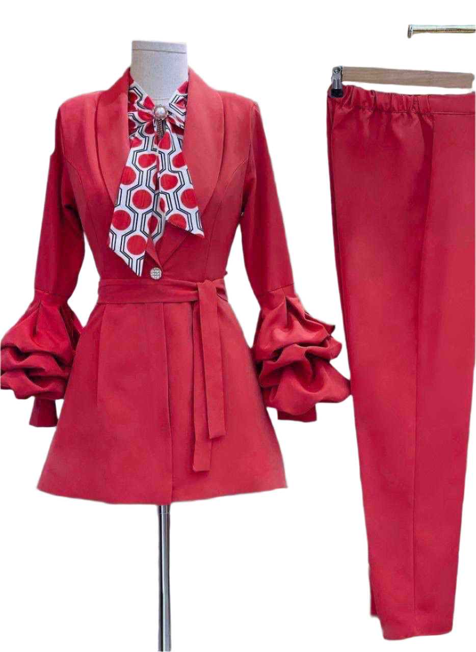 Three-Piece Pencil Pant Suit with Polka Dot Bow-Tie Camisole and Fluted Sleeve - Oasislync