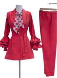 Three-Piece Pencil Pant Suit with Polka Dot Bow-Tie Camisole and Fluted Sleeve