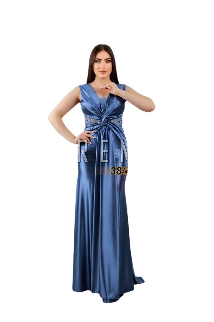 Royal Blue Satin Evening Gown with Waist Embellishment & Cascading Drape - Oasislync