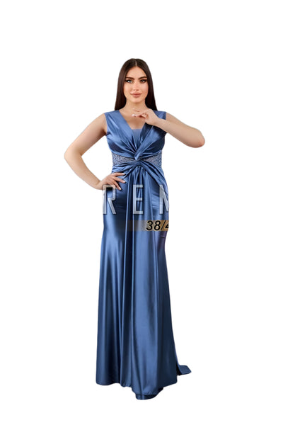 Royal Blue Satin Evening Gown with Waist Embellishment & Cascading Drape