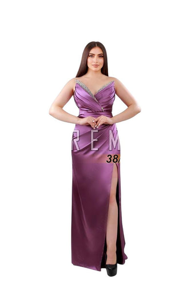Lavender Satin Evening Gown with Crystal Trim & Side Slit