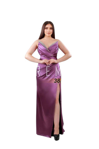 Lavender Satin Evening Gown with Crystal Trim & Side Slit