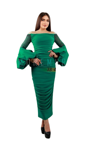 Emerald Green Off-Shoulder Midi Dress with Ruched Skirt & Statement Sleeves