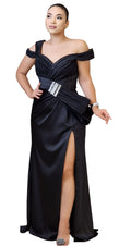 Black Satin Off-Shoulder Evening Gown with Bow & Slit - Oasislync