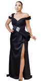 Black Satin Off-Shoulder Evening Gown with Bow & Slit