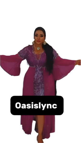 Purple Sequin Maxi Gown with Flowing Chiffon Cape Sleeves