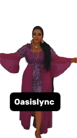 Purple Sequin Maxi Gown with Flowing Chiffon Cape Sleeves