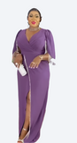 Deep Purple Evening Gown with Slit & Tassel Sleeve Detai