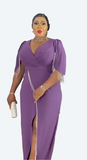 Deep Purple Evening Gown with Slit & Tassel Sleeve Detai