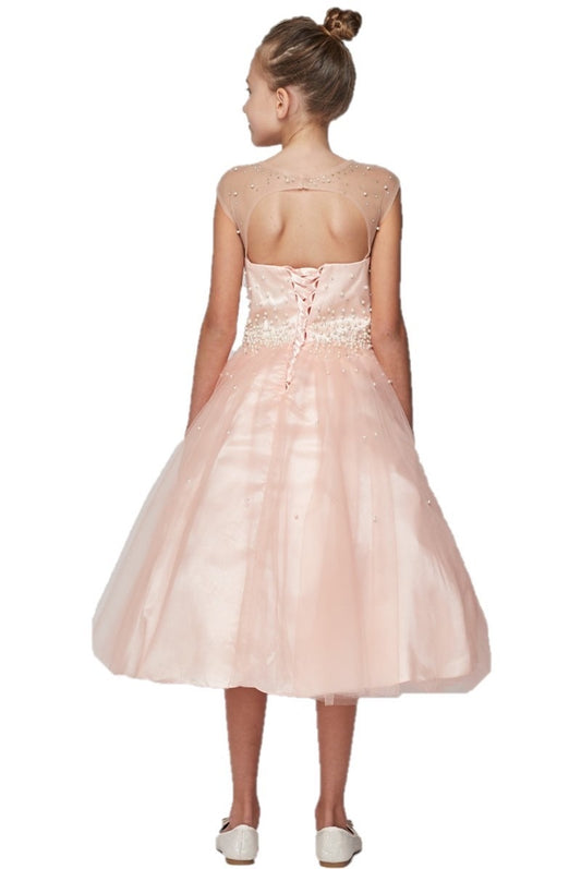 Pearl Bodice Satin Tulle Girls Party Dress in Blush - Oasislync