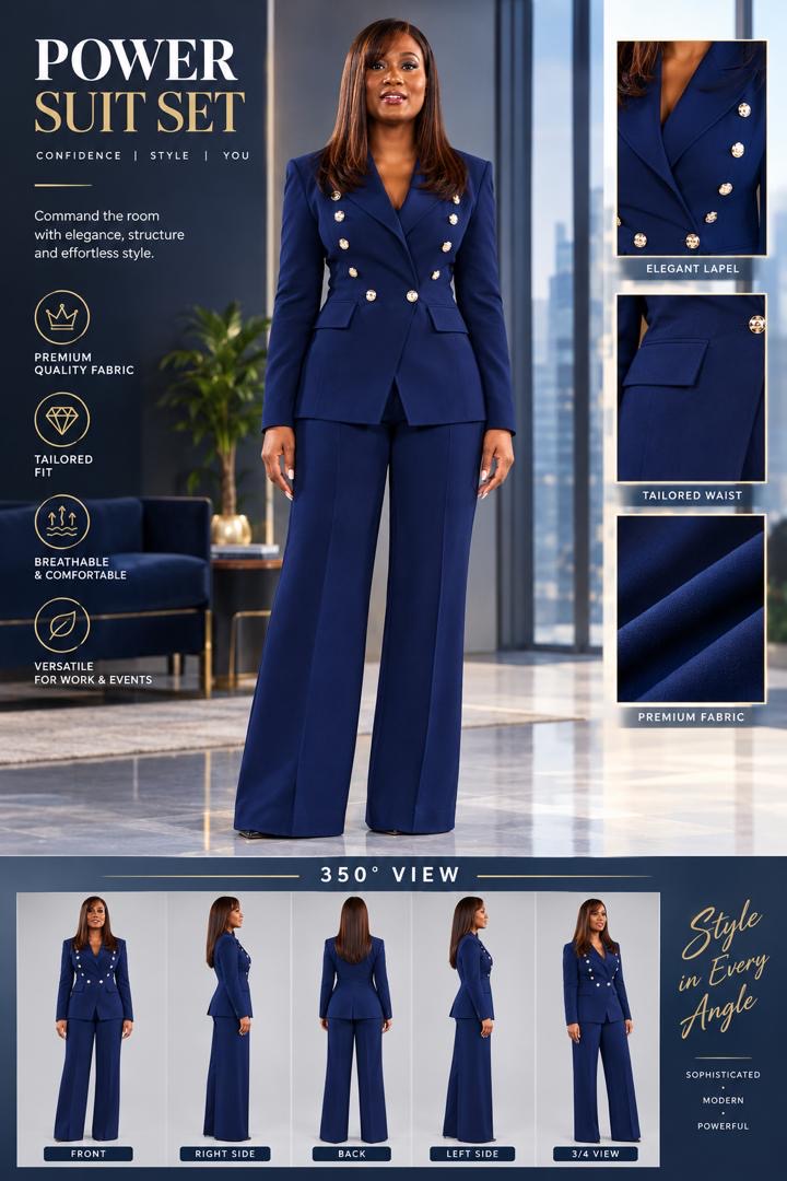 Navy Blue Double-Breasted Power Suit Set