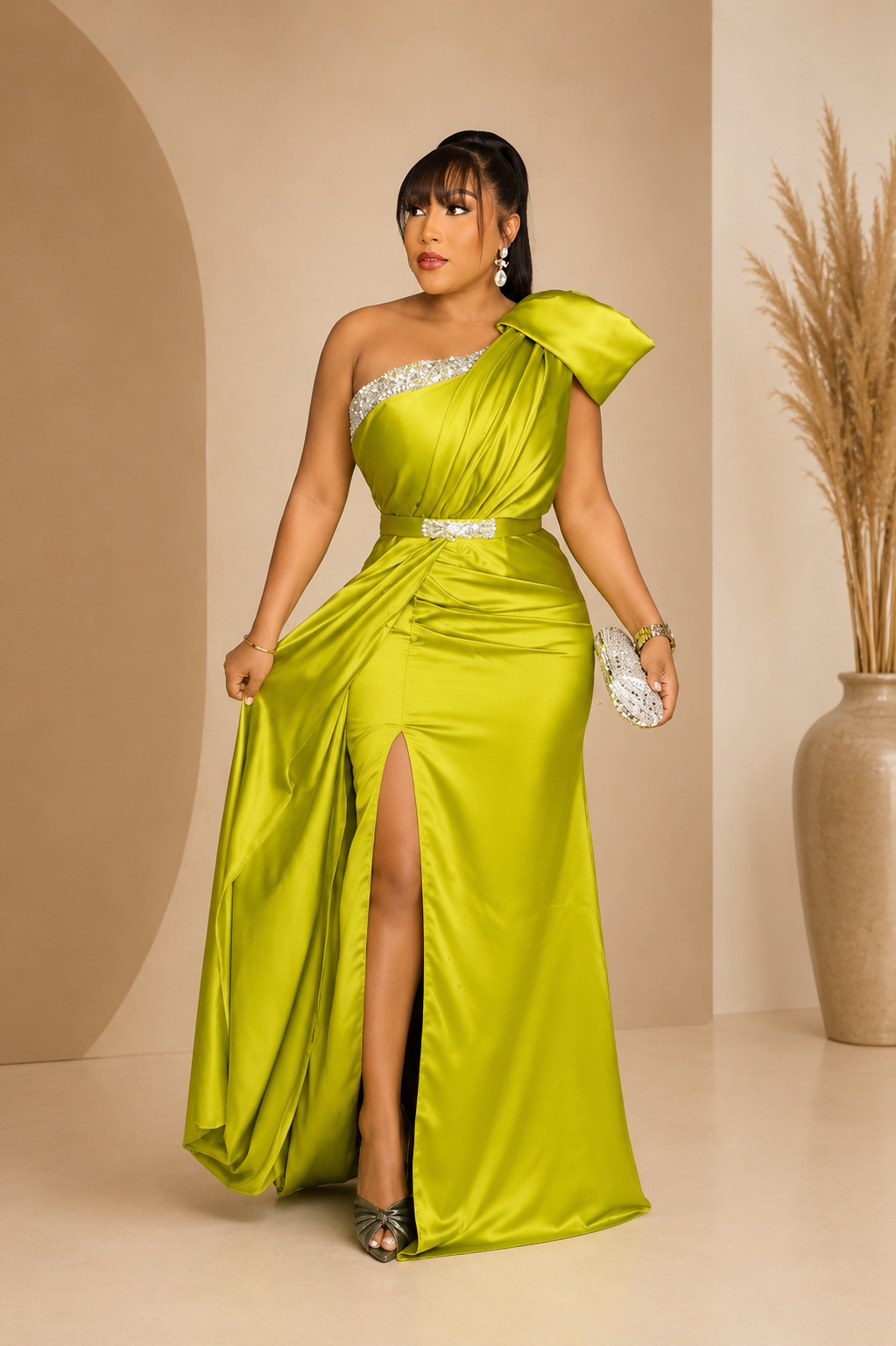 Exquisite One-Shoulder Fitted Satin Mother of the Bride Dress in Neon