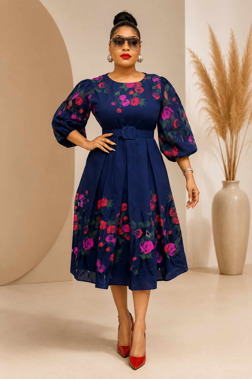 Avero Bishop-Sleeve Floral-Print Midi Dress