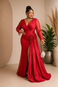 Wine Red Satin and Lace Fitted Gown with Cascading Drape