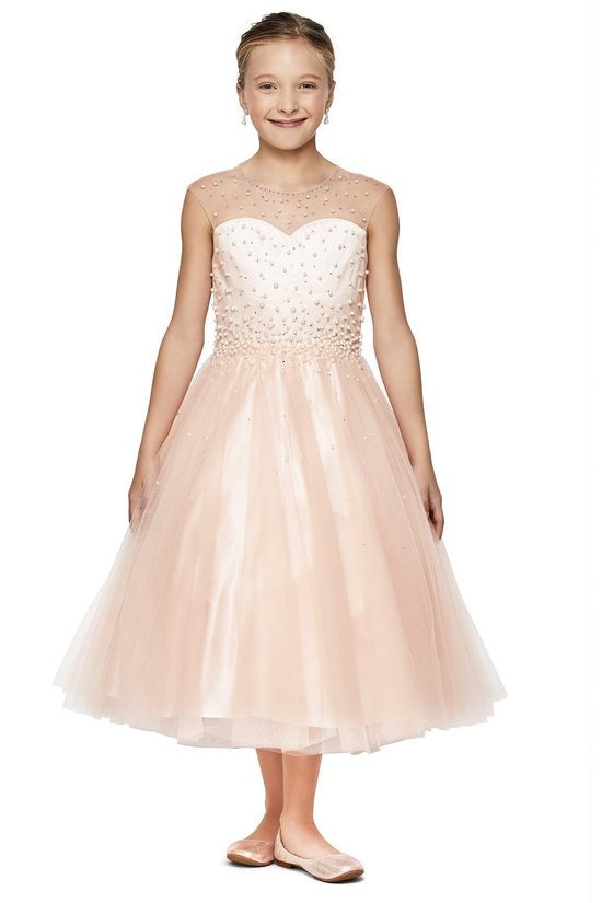 Pearl Bodice Satin Tulle Girls Party Dress in Blush - Oasislync