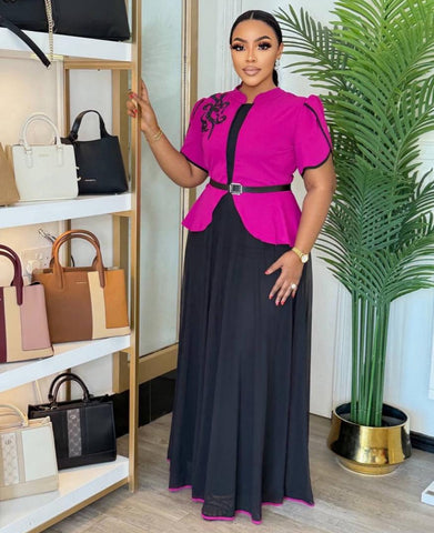 Black Chiffon Maxi Dress with Pink Peplum Bodice & Belt Detail