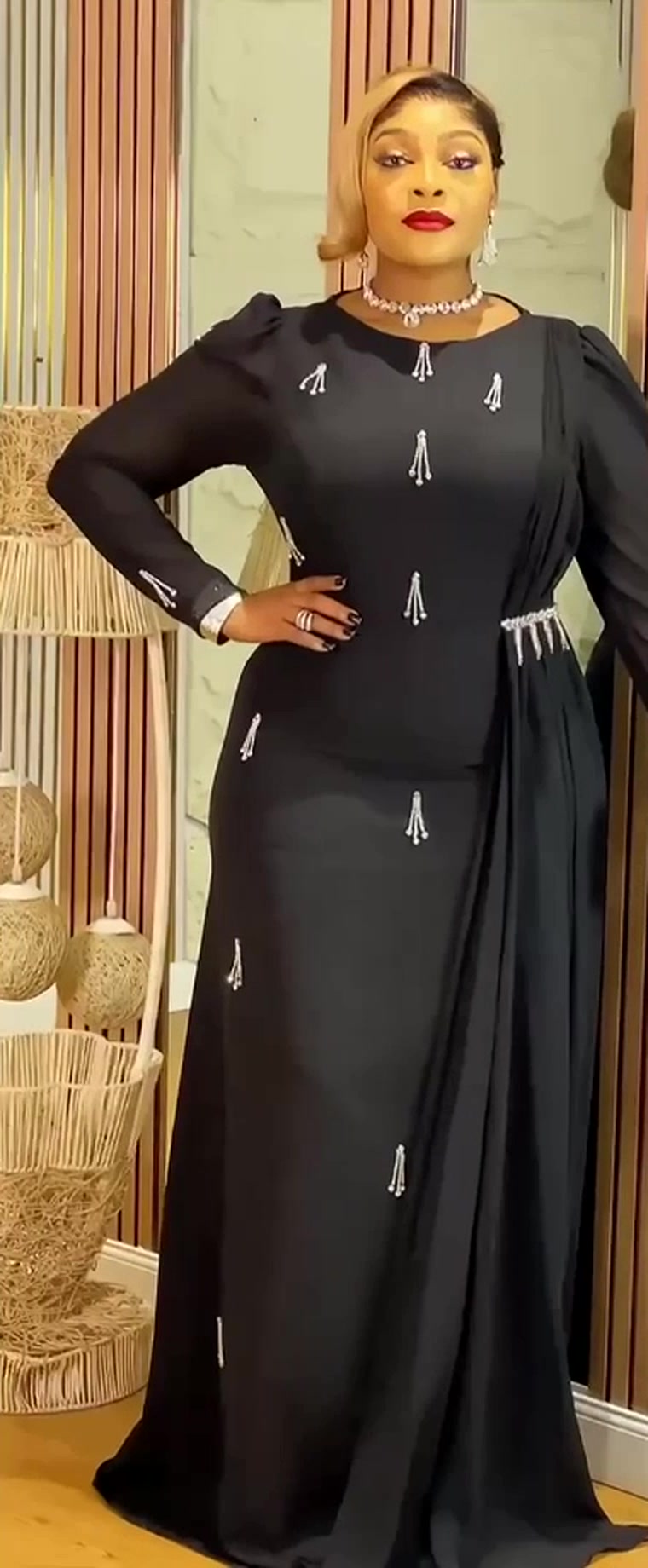 Elegant Black Embellished Maxi Gown with Draped Detail