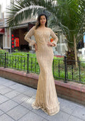 Ella Beaded Long Sleeve Mermaid Dress in Champagne and Burgundy - Oasislync
