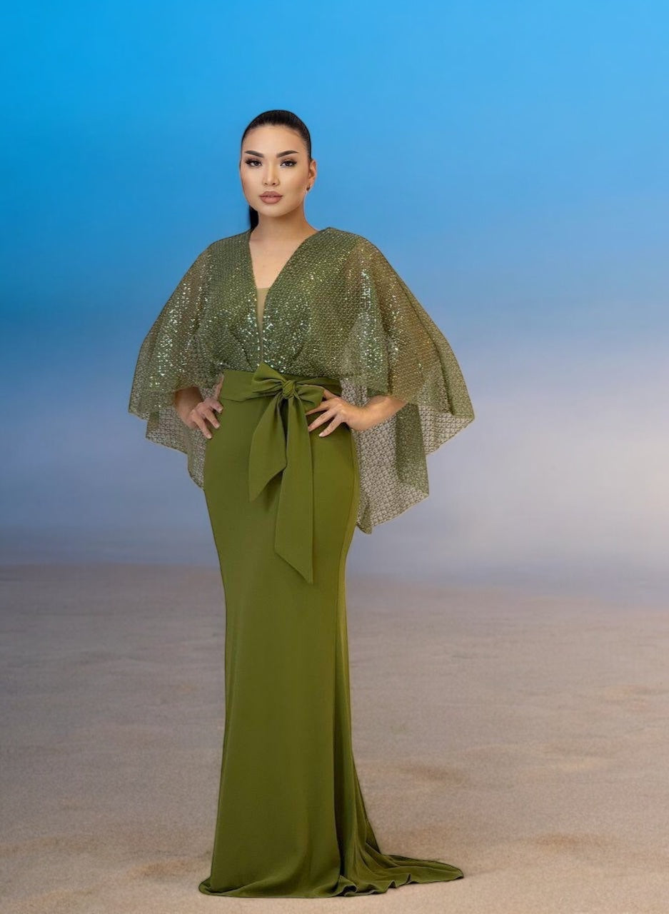 Title: Olive Green Sequin Cape Sleeve Evening Gown with Waist Bow - Oasislync