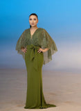 Title: Olive Green Sequin Cape Sleeve Evening Gown with Waist Bow