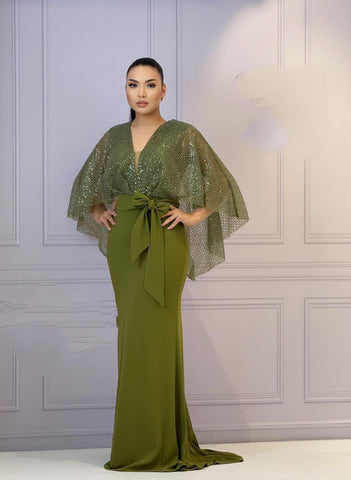 Title: Olive Green Sequin Cape Sleeve Evening Gown with Waist Bow
