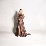 Elegant Satin A-Line Gown with Statement Bow and Side Slit – Mocha