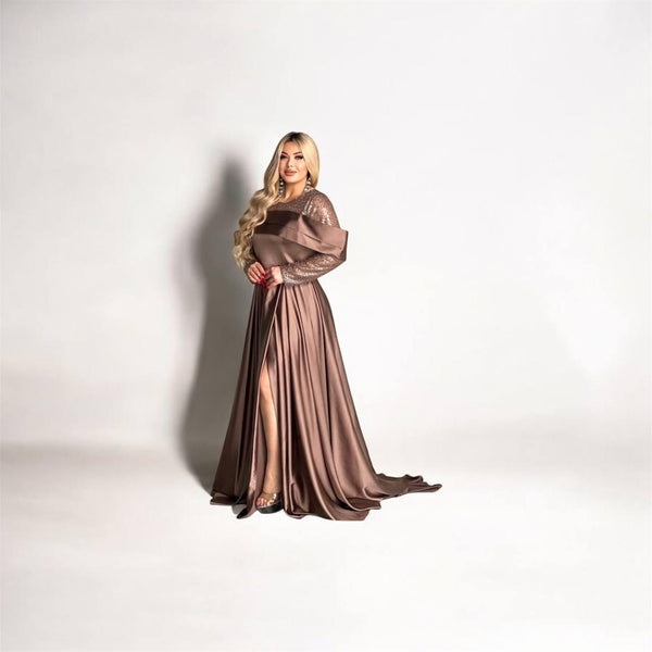 Elegant Satin A-Line Gown with Statement Bow and Side Slit – Mocha