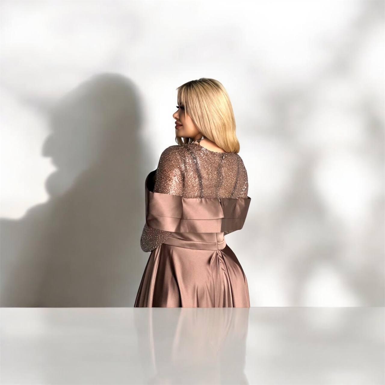 Elegant Satin A-Line Gown with Statement Bow and Side Slit – Mocha - Oasislync