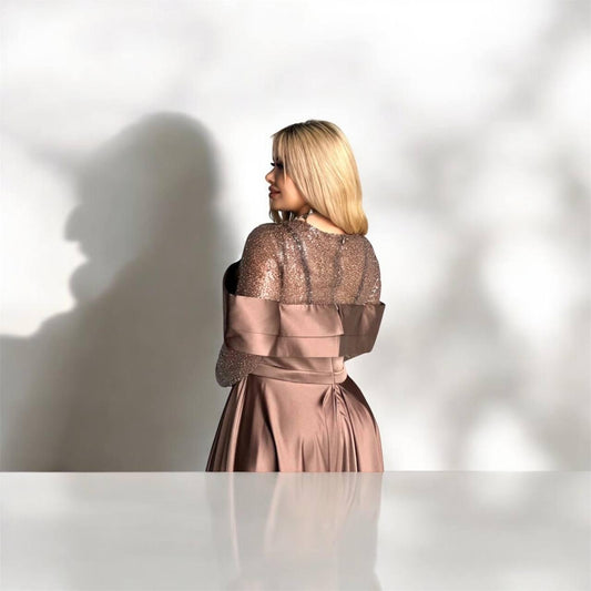 Elegant Satin A-Line Gown with Statement Bow and Side Slit – Mocha - Oasislync