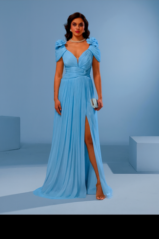 Sky Blue Pleated Evening Gown with Floral Shoulder Detail