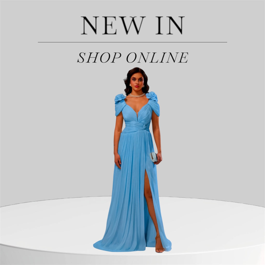 Sky Blue Pleated Evening Gown with Floral Shoulder Detail - Oasislync