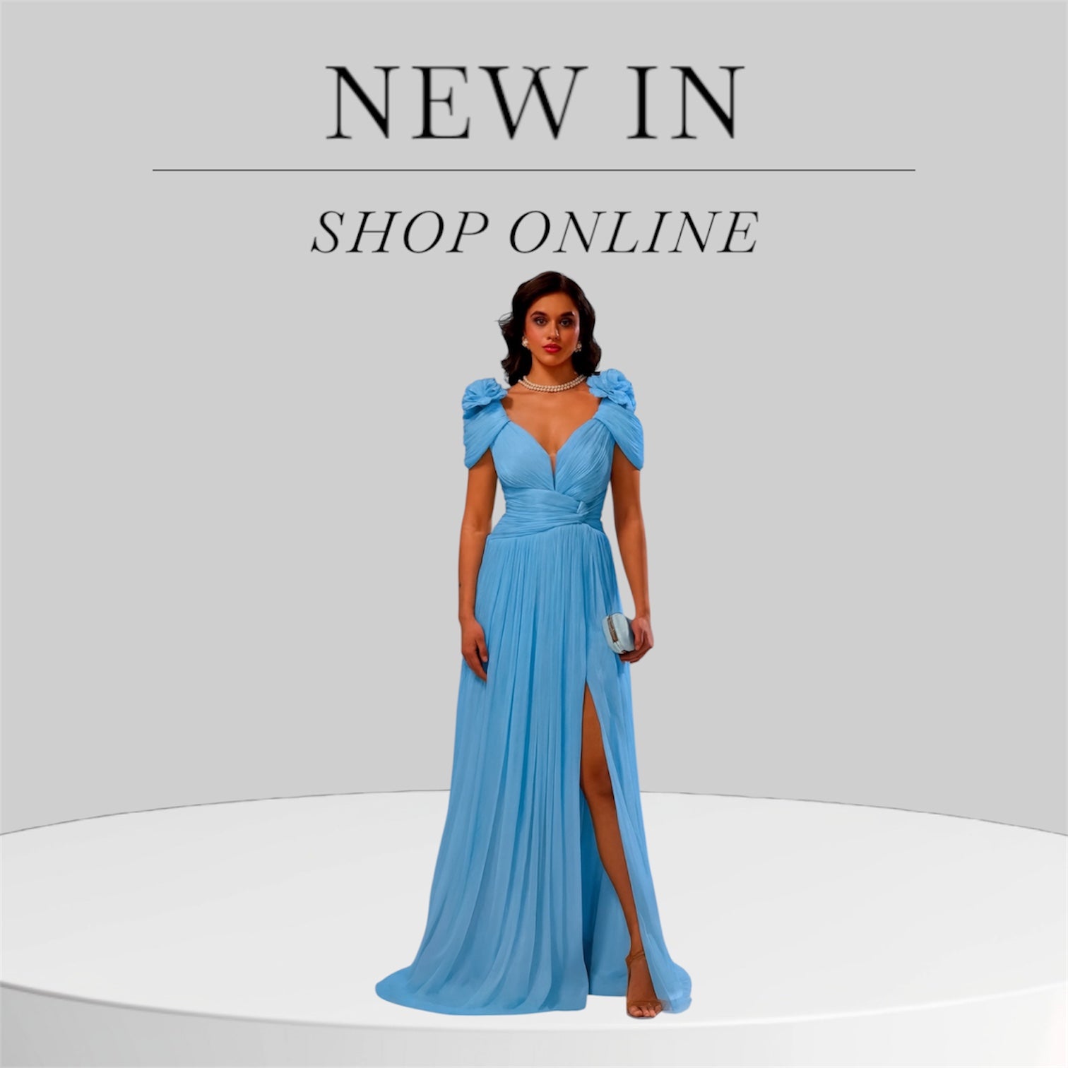 Sky Blue Pleated Evening Gown with Floral Shoulder Detail - Oasislync
