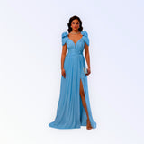 Sky Blue Pleated Evening Gown with Floral Shoulder Detail