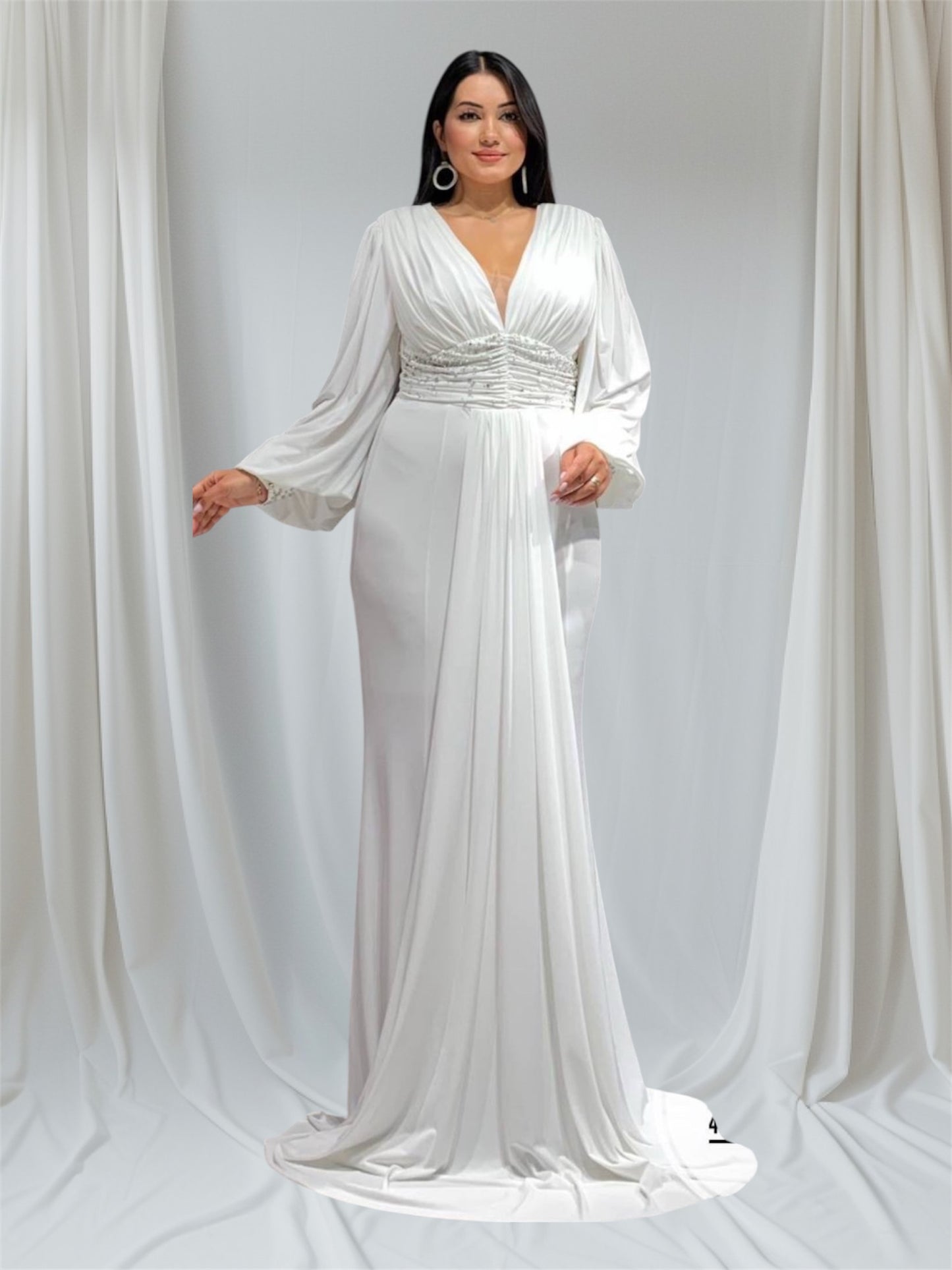 White Lycra Evening Gown with Full Back & Flowing Train - Oasislync