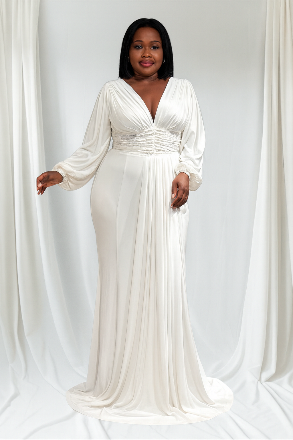 White Lycra Evening Gown with Full Back & Flowing Train - Oasislync