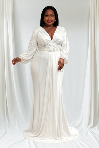 White Lycra Evening Gown with Full Back & Flowing Train