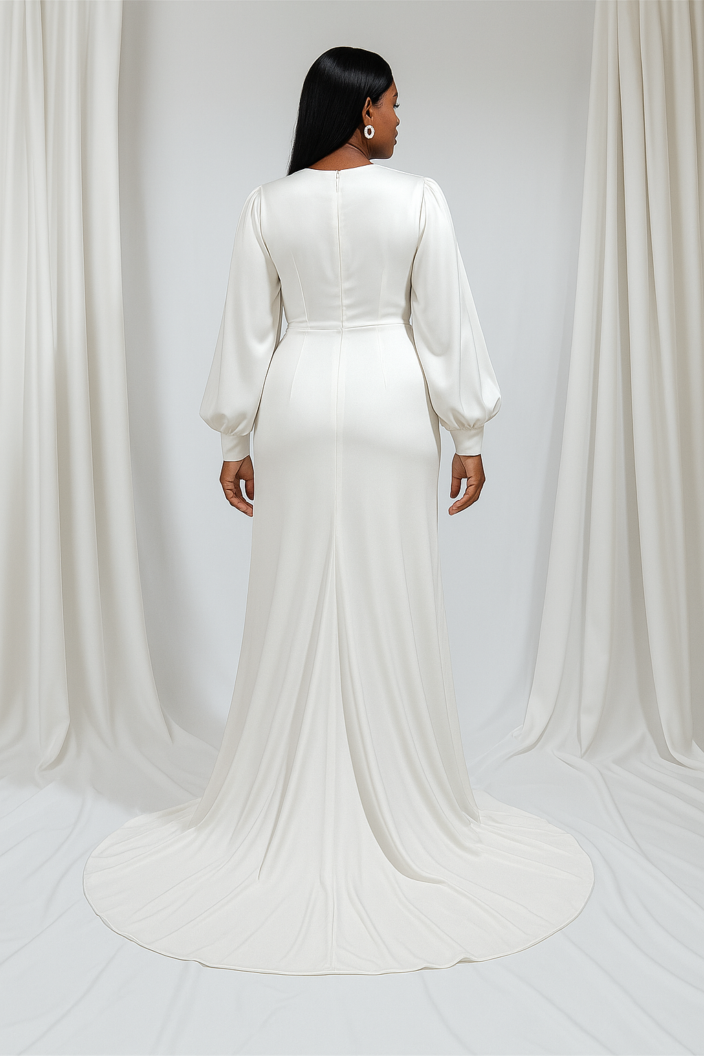 White Lycra Evening Gown with Full Back & Flowing Train - Oasislync