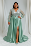 Mint Green Satin Ball Gown with Silver Sequin Bodice & Slit